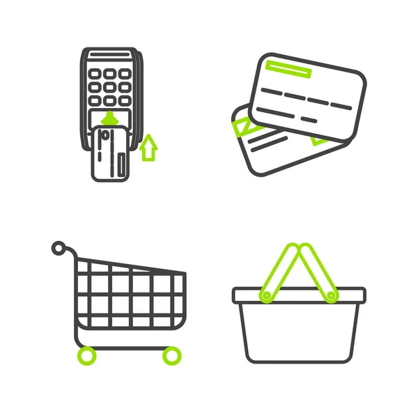 Set Line Shopping Basket Cart Credit Card Pos Terminal Inserted — Stockový vektor