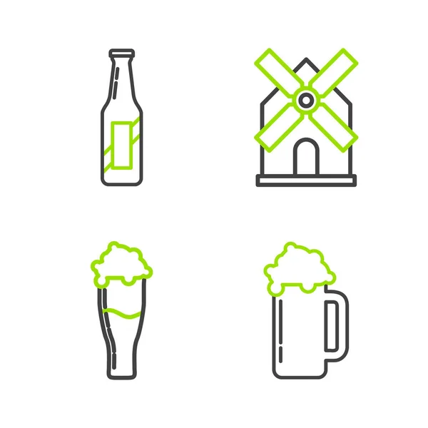 Set Line Glass Beer Windmill Beer Bottle Icon Vector — Vector de stock