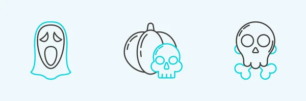 Set Line Skull Crossbones Funny Scary Ghost Mask Halloween Pumpkin — Vector de stock