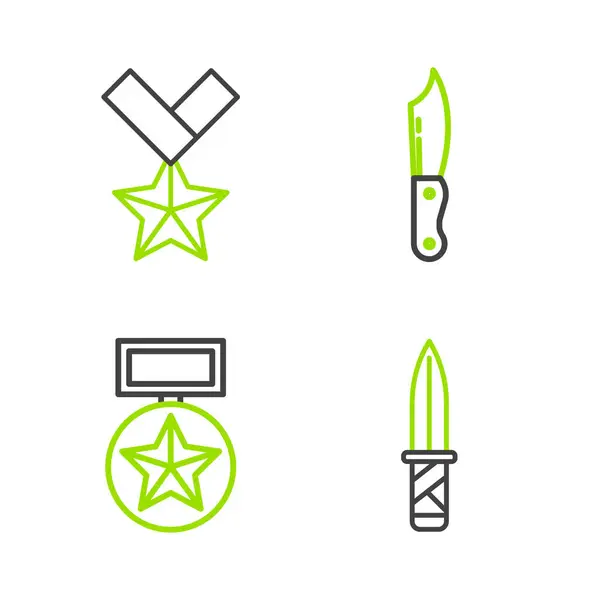 Set Line Military Knife Reward Medal Icon Vector — ストックベクタ