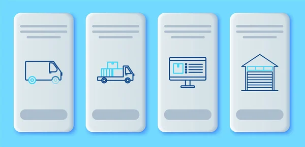 Set Line Delivery Truck Cardboard Boxes Computer Monitor App Delivery — Image vectorielle