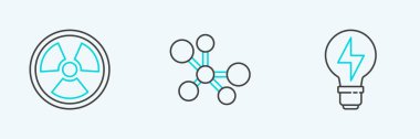 Set line Light bulb with lightning Radioactive and Molecule icon. Vector.