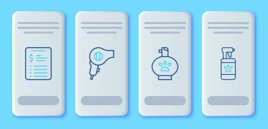 Set line Hair dryer Pet shampoo Grooming salon price list and icon. Vector.