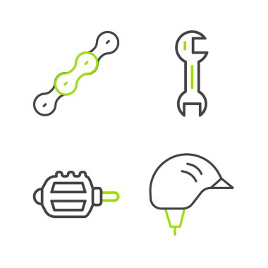 Set line Bicycle helmet pedal Wrench spanner and chain icon. Vector.