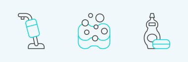Set line Dishwashing liquid bottle Vacuum cleaner and Sponge icon. Vector.