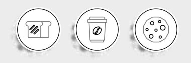 Set line Cookie or biscuit Bread toast and Coffee cup go icon. Vector.