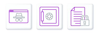 Set line Document and lock Browser incognito window and Safe icon. Vector.