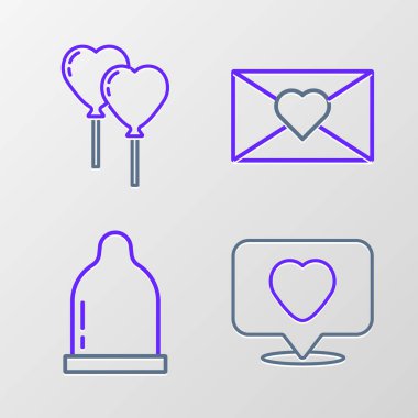 Set line Like and heart Condom Envelope with Valentine and Balloons form of icon. Vector.
