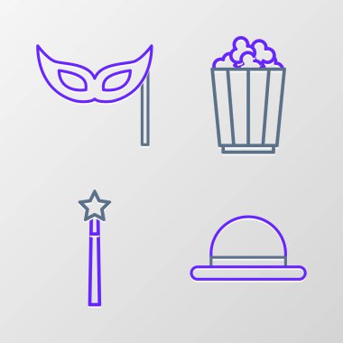 Set line Clown hat Magic wand Popcorn in box and Festive mask icon. Vector.