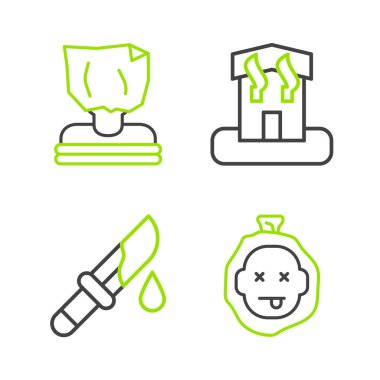 Set line Murder Bloody knife Arson home and Kidnaping icon. Vector.