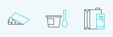 Set line Paper package for milk Cheese and Yogurt container with spoon icon. Vector.