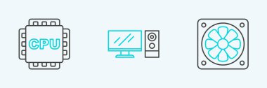 Set line Computer cooler Processor with CPU and monitor icon. Vector.