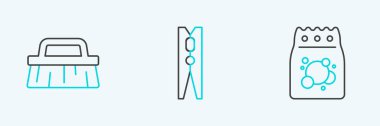Set line Laundry detergent Brush for cleaning and Clothes pin icon. Vector.