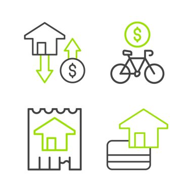 Set line Credit card House Bicycle rental mobile app and with dollar icon. Vector.