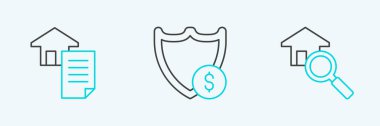 Set line Search house House contract and Shield with dollar icon. Vector.