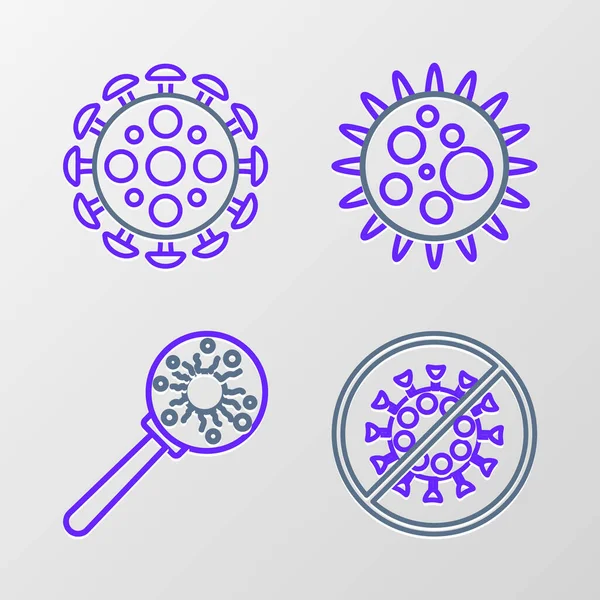 Set Line Stop Virus Virus Magnifying Glass Icon Vector — 스톡 벡터