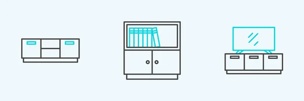 Set Line Table Stand Furniture Nightstand Library Bookshelf Icon Vector — Stok Vektör