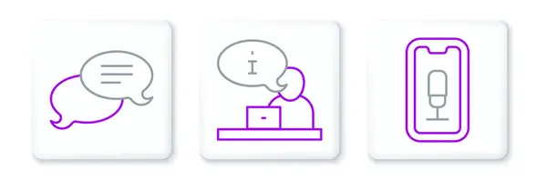 Set Line Mobile Recording Speech Bubble Chat Television Report Icon — Stockvektor