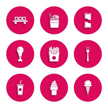 Set Potatoes french fries in carton package box Ice cream waffle cone Fork Paper glass with drinking straw and water Chicken leg Soda can and Sushi cutting board icon. Vector.