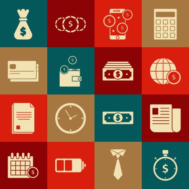 Set Time is money File document Earth globe with dollar symbol Smartphone Wallet coins Credit card Money bag and Stacks paper cash icon. Vector.