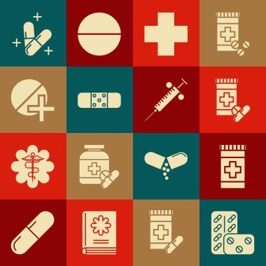 Set Pills in blister pack Medicine bottle and pills Cross hospital medical Bandage plaster or tablet and Syringe icon. Vector.