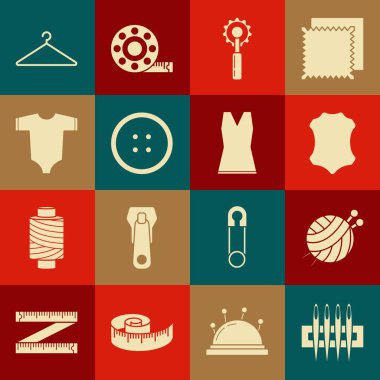 Set Needle for sewing Yarn ball with knitting needles Leather Cutter tool Sewing button clothes Baby Hanger wardrobe and Woman dress icon. Vector.