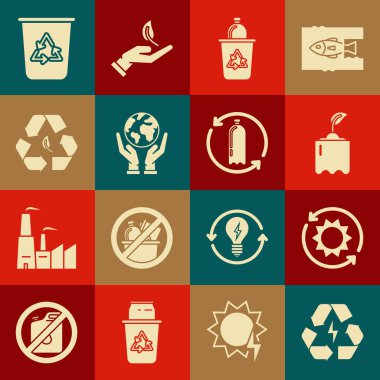 Set Battery with recycle symbol Solar energy panel Sprout in bottle Recycle bin Human hands holding Earth globe leaf and Recycling plastic icon. Vector.