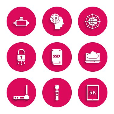 Set SSD card Tablet with text 5k Cloud technology data transfer and storage Router wi-fi signal Lock on digital circuit board Global social network and Virtual reality glasses icon. Vector.