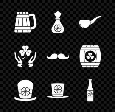 Set Wooden beer mug Money bag with four leaf clover Smoking pipe Leprechaun hat and Beer bottle Human hands holding and Mustache icon. Vector.