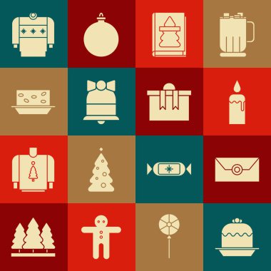 Set Cake Envelope with christmas party invitation card Burning candle candlestick Christmas book Merry ringing bell Nougat nuts sweater and Gift box icon. Vector.