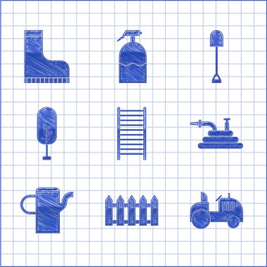 Set Wooden staircase Garden fence wooden Tractor hose fire hose Watering can Tree Shovel and Waterproof rubber boot icon. Vector.