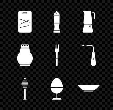 Set Cutting board Pepper Moka pot Honey dipper stick Chicken egg stand Bowl Salt pepper and Fork icon. Vector.
