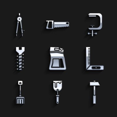 Set Cement bag Putty knife Hammer Corner ruler Snow shovel Metallic screw Clamp and tool and Drawing compass icon. Vector.