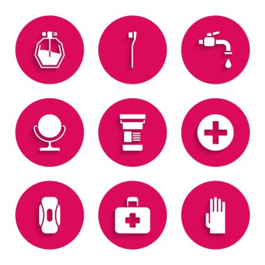 Set Medicine bottle First aid kit Rubber gloves Cross hospital medical Sanitary napkin Round makeup mirror Water tap and Perfume icon. Vector.