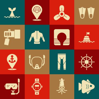 Set Fish Ship steering wheel Floating buoy on the sea Boat propeller turbine Wetsuit Flashlight Whale tail ocean wave and Life jacket icon. Vector.