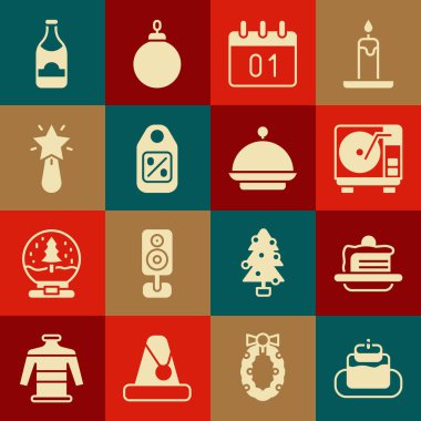 Set Cake Vinyl player with vinyl disk Calendar Price tag Sale Christmas star Champagne bottle and covered tray icon. Vector.