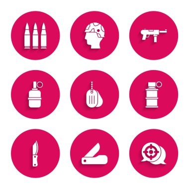 Set Military dog tag Swiss army knife Target sport Hand smoke grenade Submachine gun M3 and Bullet icon. Vector.