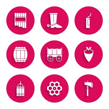 Set Wild west covered wagon Revolver cylinder Tomahawk axe Cowboy bandana Dynamite bomb Gun powder barrel and Pan flute icon. Vector.