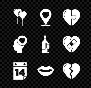 Set Balloons in form of heart Location with Heart Calendar February 14 Smiling lips Broken Head and Champagne bottle icon. Vector.
