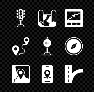 Set Traffic light Folded map Gps device with location marker City navigation Road traffic sign Route and turn left icon. Vector.
