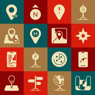 Set Folded map City navigation Wind rose Location with exclamation mark Helicopter landing pad location marker and icon. Vector.