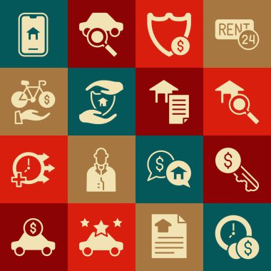 Set Time is money Rent key Search house Shield with dollar House shield Bicycle rental mobile app Online real estate and contract icon. Vector.