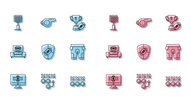 Set line American football on tv program Planning strategy concept Bright stadium lights Football and shield shorts stand and Whistle icon. Vector.