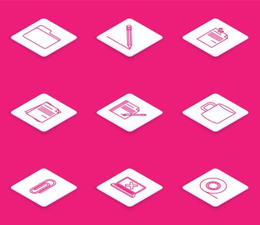 Set line Document folder Pencil with eraser and line Note paper pinned pushbutton File document Blank notebook pen Coffee cup flat Paper clip and Laptop cross mark screen icon. Vector.