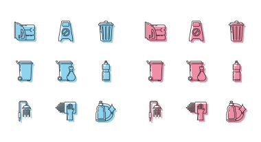 Set line Shower head with water drops flowing Cleaning service Electric iron and towel Plastic bottles for liquid dishwashing liquid Trash can and Wet floor cleaning progress icon. Vector.