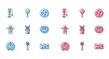 Set line Kitchen timer Strainer spoon Blender Cheese Windmill Pretzel Holiday gingerbread man cookie and Frying pan icon. Vector.