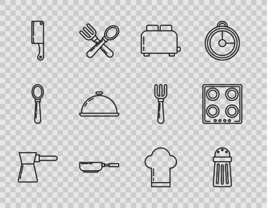 Set line Coffee turk Salt Toaster with toasts Frying pan Meat chopper Covered tray food Chef hat and Gas stove icon. Vector.