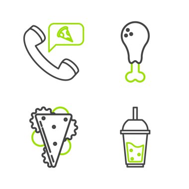 Set line Glass of lemonade with drinking straw Sandwich Chicken leg and Food ordering pizza icon. Vector.