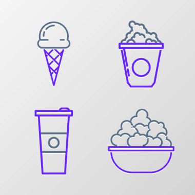 Set line Popcorn in bowl Paper glass and water cardboard box and Ice cream waffle cone icon. Vector.
