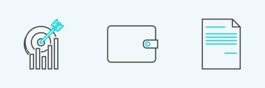 Set line Document Target with graph chart and Wallet icon. Vector.